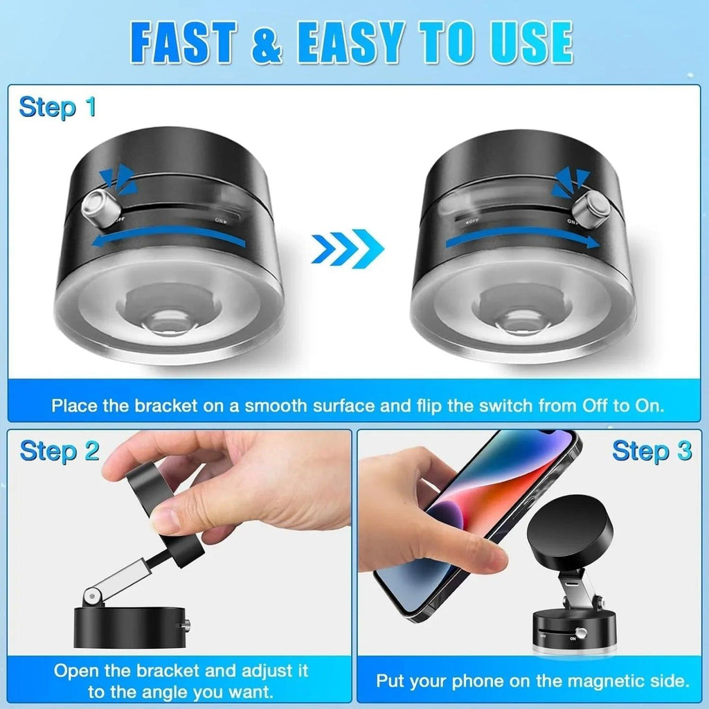 Three-step instructional guide on how to use a magnetic phone holder stand.