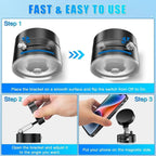 Three-step instructional guide on how to use a magnetic phone holder stand.