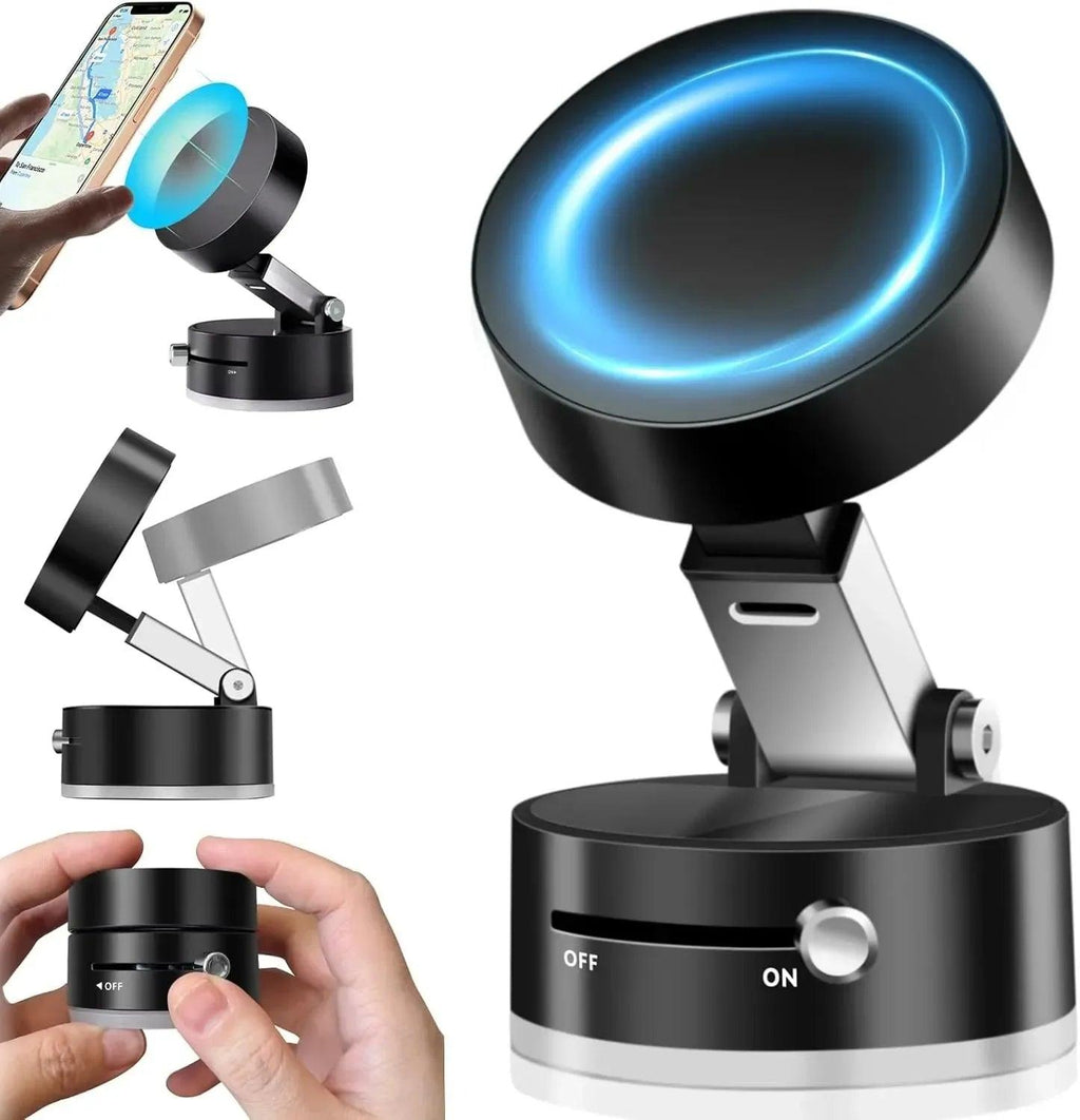 Adjustable magnetic phone holder with built-in blue LED ring light and power switch