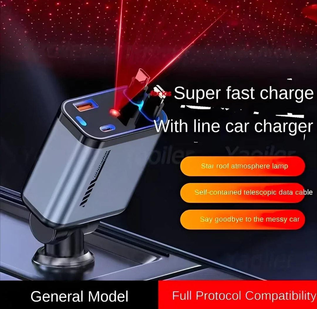Car charger with retractable cable and star roof atmosphere projection lamp