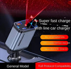 Car charger with retractable cable and star roof atmosphere projection lamp