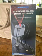 Packaging for a self-contained dual-wire on-board car fast charger with star roof light projection.