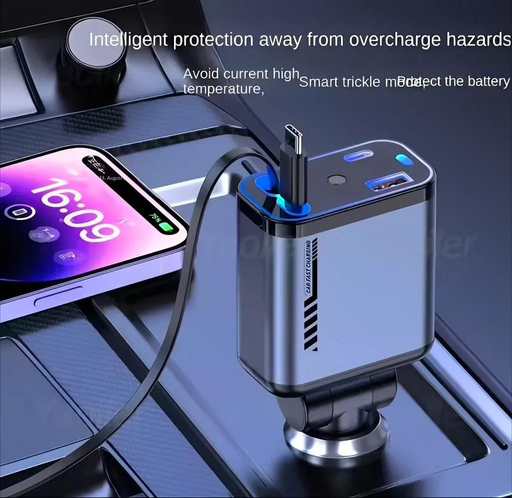 Dual USB car fast charger with a smartphone charging in a vehicle interior