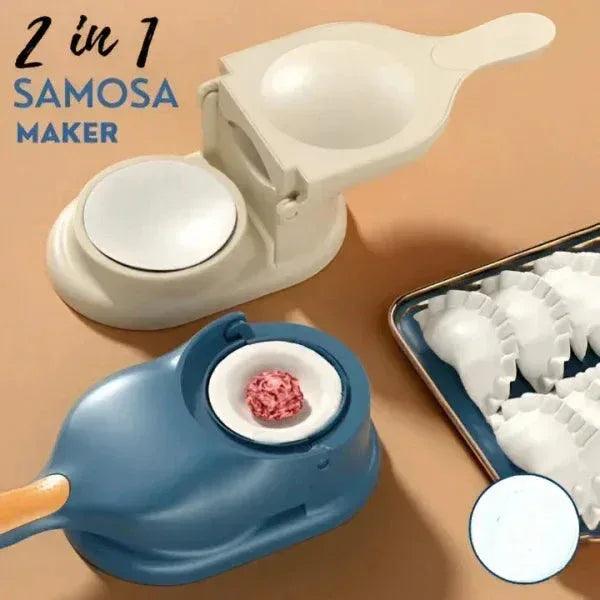 2 in 1 samosa and dumpling maker tools in cream and blue colors with prepared dumplings