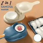 2 in 1 samosa and dumpling maker tools in cream and blue colors with prepared dumplings