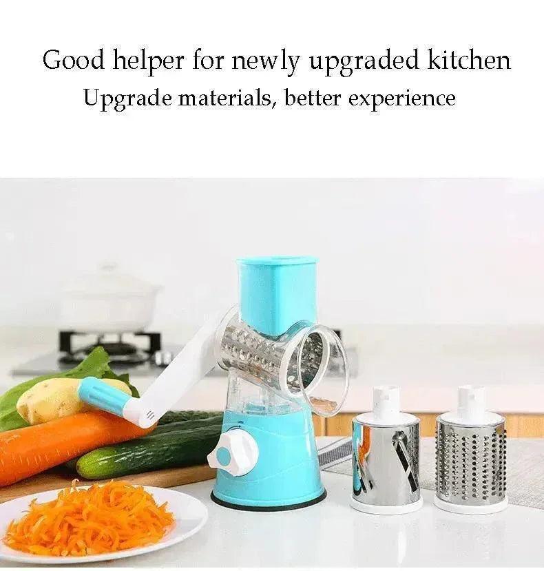 Multifunctional blue kitchen vegetable cutter and slicer with interchangeable blades and shredded carrots