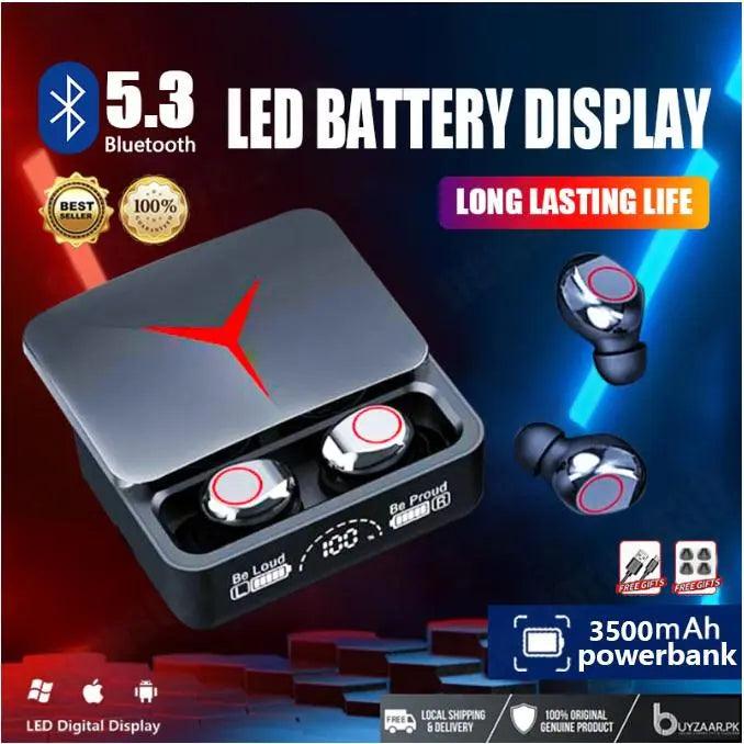 Bluetooth 5.3 wireless earbuds with LED battery display and 3500mAh powerbank charging case