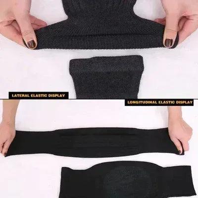 Black elastic compression knee support showing lateral and longitudinal stretch.