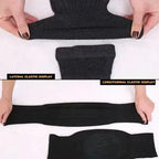 Black elastic compression knee support showing lateral and longitudinal stretch.
