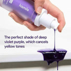 Hismile deep violet purple teeth whitening serum being dispensed from a pump bottle.
