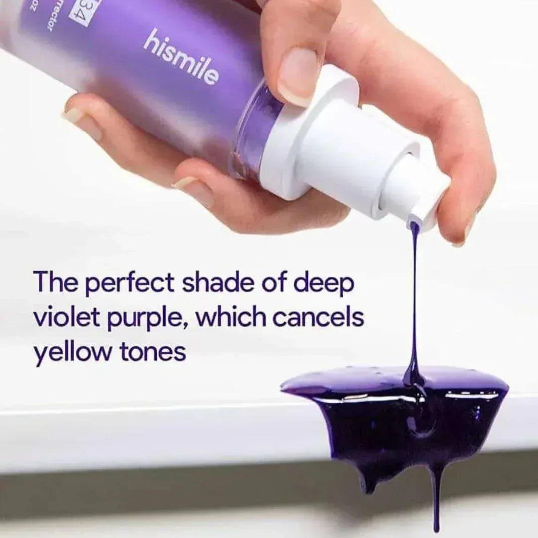 Hismile deep violet purple teeth whitening serum being dispensed from a pump bottle.