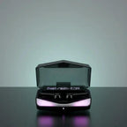 Wireless earbuds in a black charging case with a digital battery display