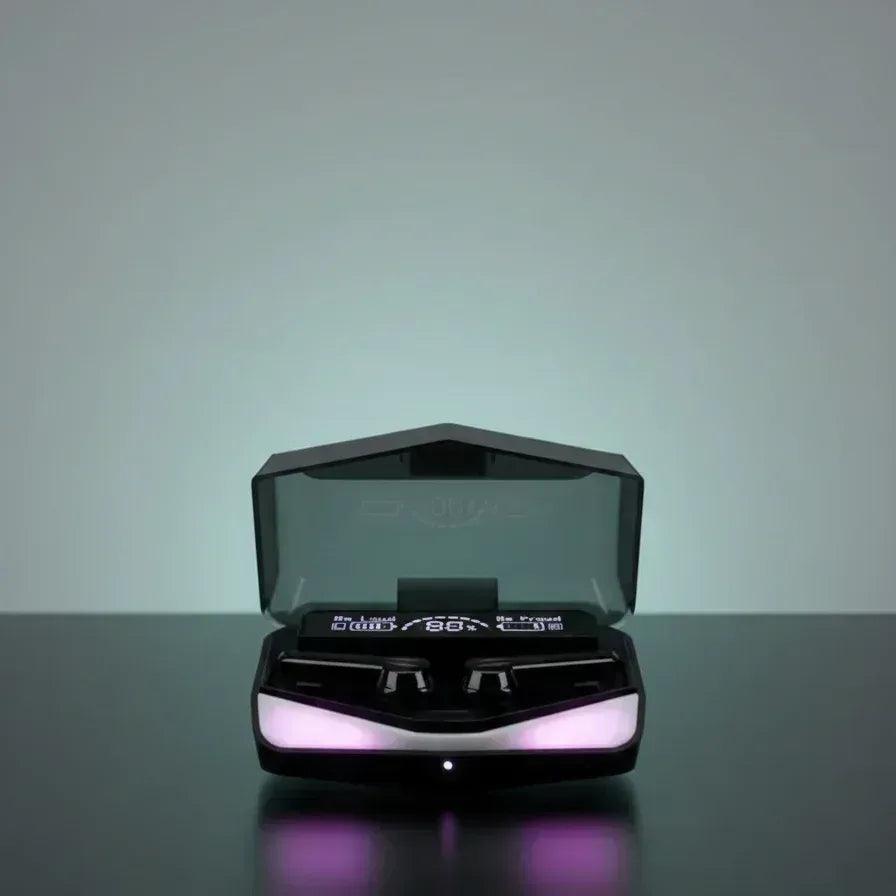 Wireless earbuds in a black charging case with a digital battery display