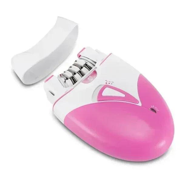 Pink and white electric nail drill set with replacement grinding heads and cover
