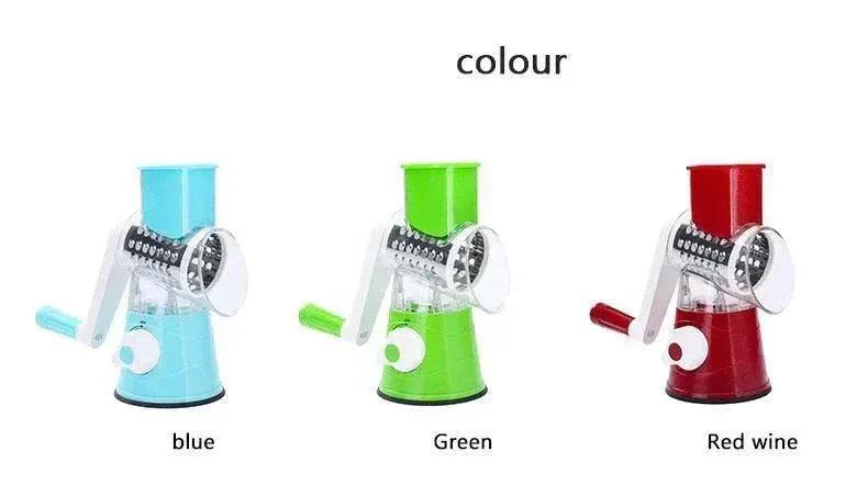 Hand-cranked vegetable slicer and grater available in blue, green, and red wine colors.