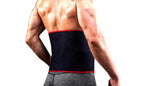Rear view of a muscular man wearing a black waist trainer back support belt with red trim.