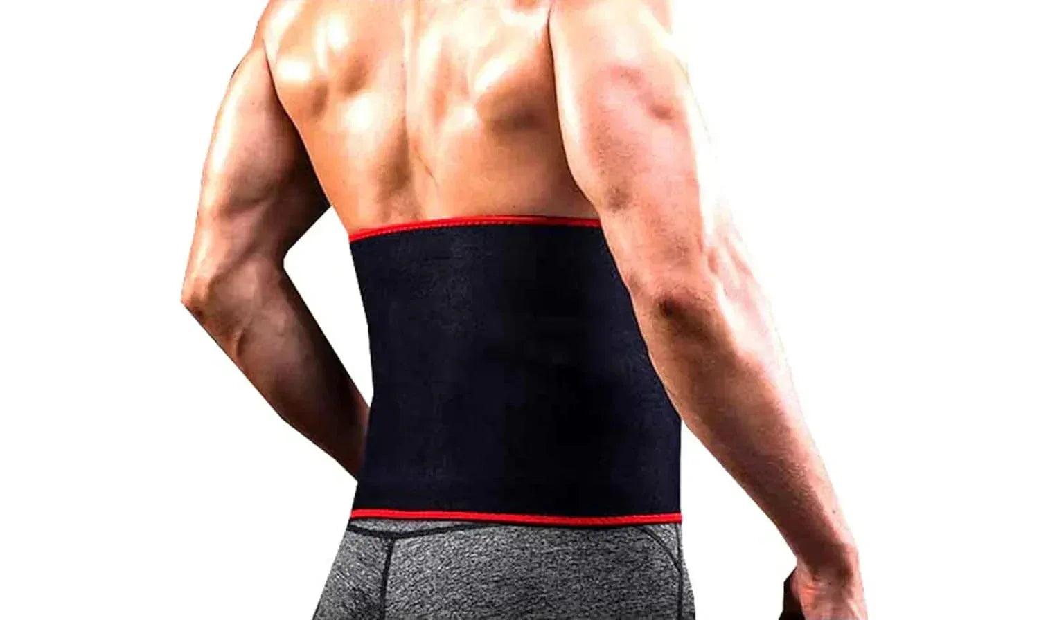 Rear view of a muscular man wearing a black waist trainer back support belt with red trim.