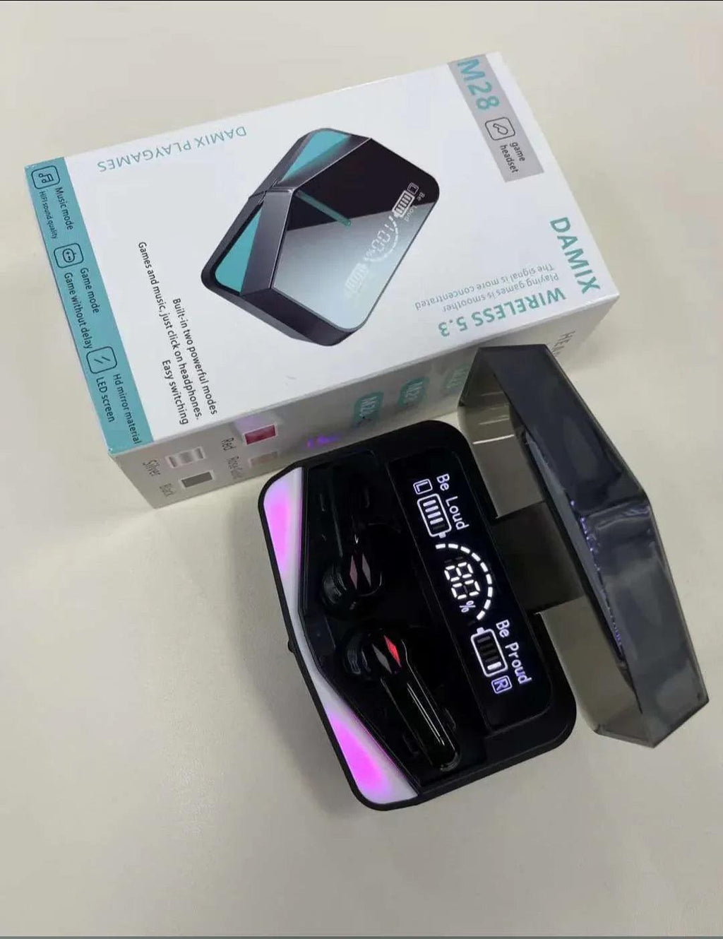 Damix M28 wireless gaming earbuds with digital battery display case and packaging