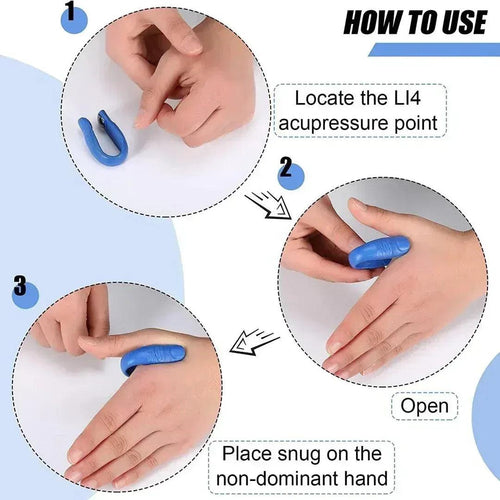 Instructional guide on how to use a blue acupressure ring on the LI4 point of the hand.
