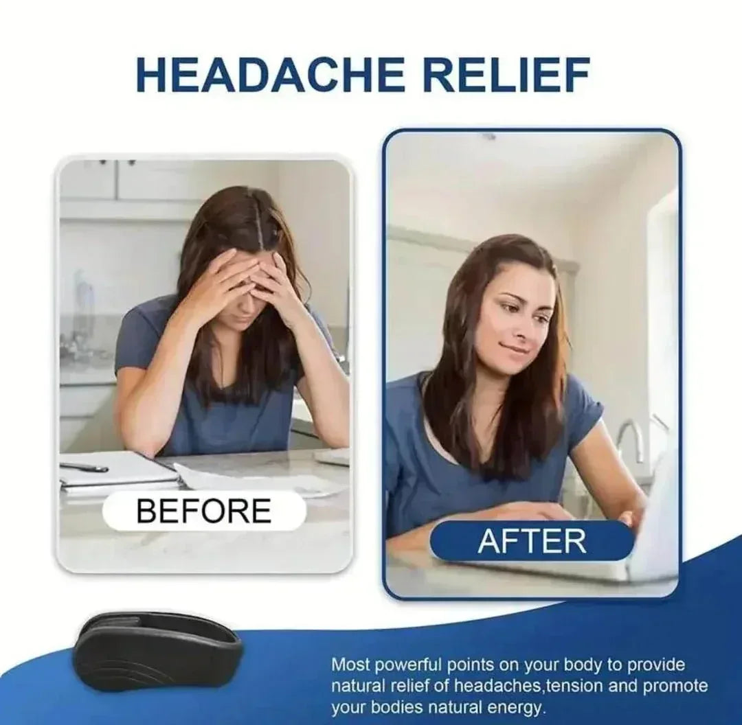 Before and after comparison showing headache relief using a head massage device.