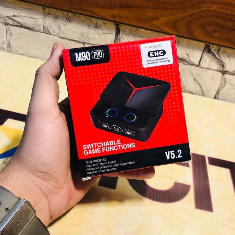 M90 Pro True Wireless earbuds packaging showing ENC noise cancellation and V5.2 Bluetooth.