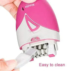 A person cleaning a pink and white Keda electric epilator with a small white brush.
