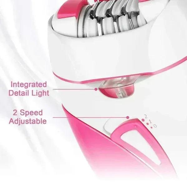 Pink and white electric facial cleanser with integrated detail light and 2-speed adjustable settings