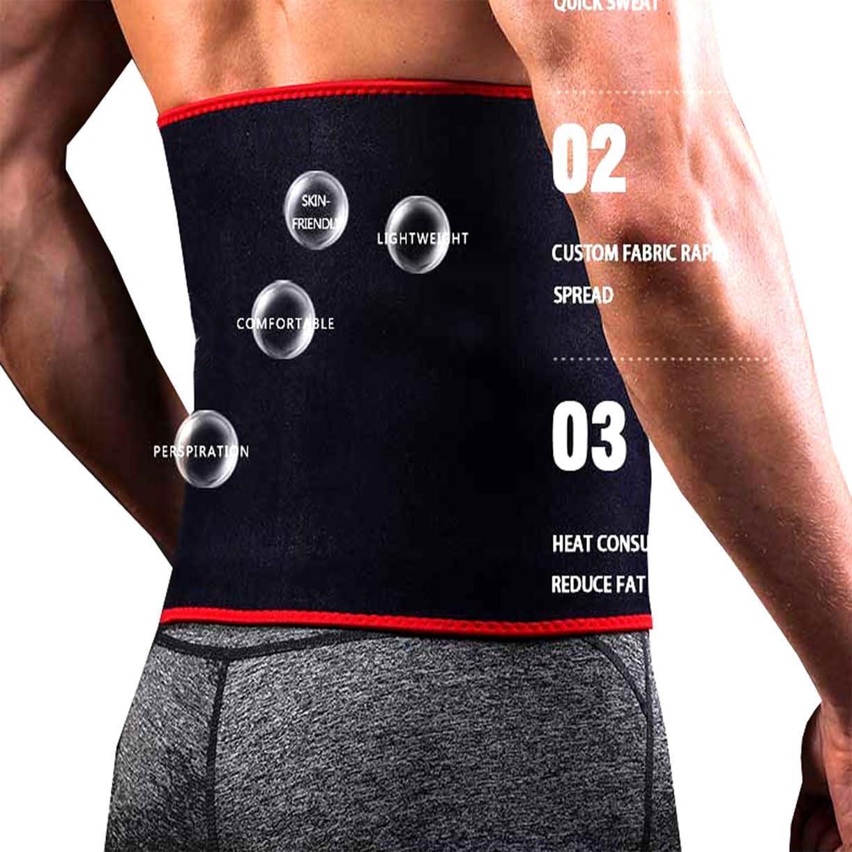 Man wearing a black sweat waist trimmer belt for weight loss and fat reduction.