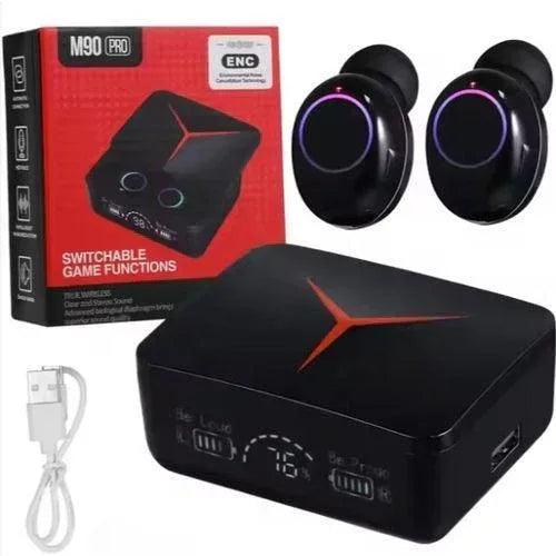 M90 Pro wireless earbuds with charging case, USB cable, and product packaging