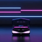 Wireless earbuds in a charging case with a digital battery display and neon lighting.