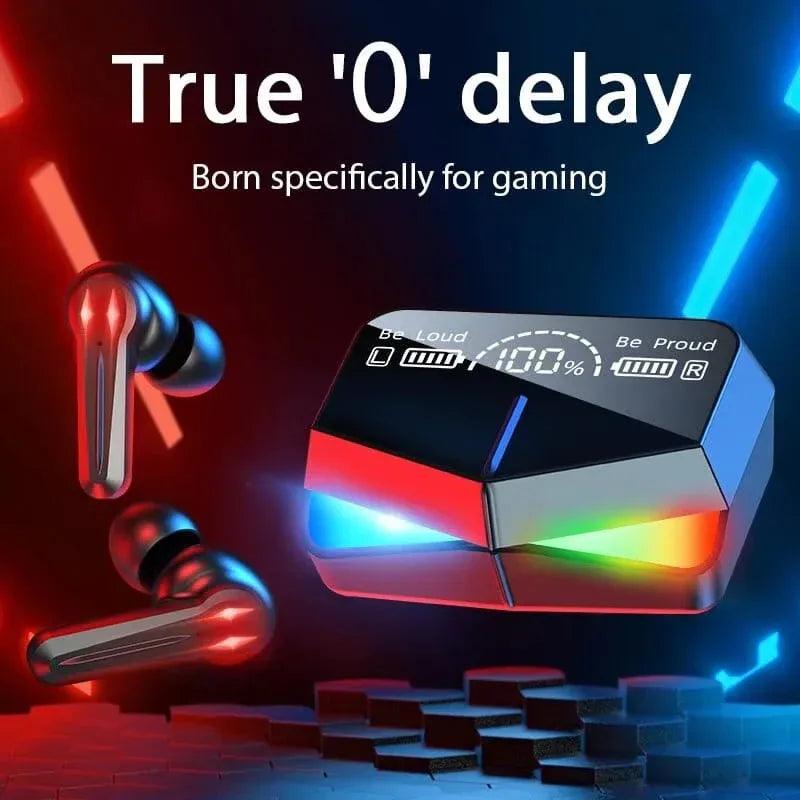 Gaming wireless earbuds with RGB charging case and low latency feature.