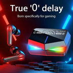 Gaming wireless earbuds with RGB charging case and low latency feature.