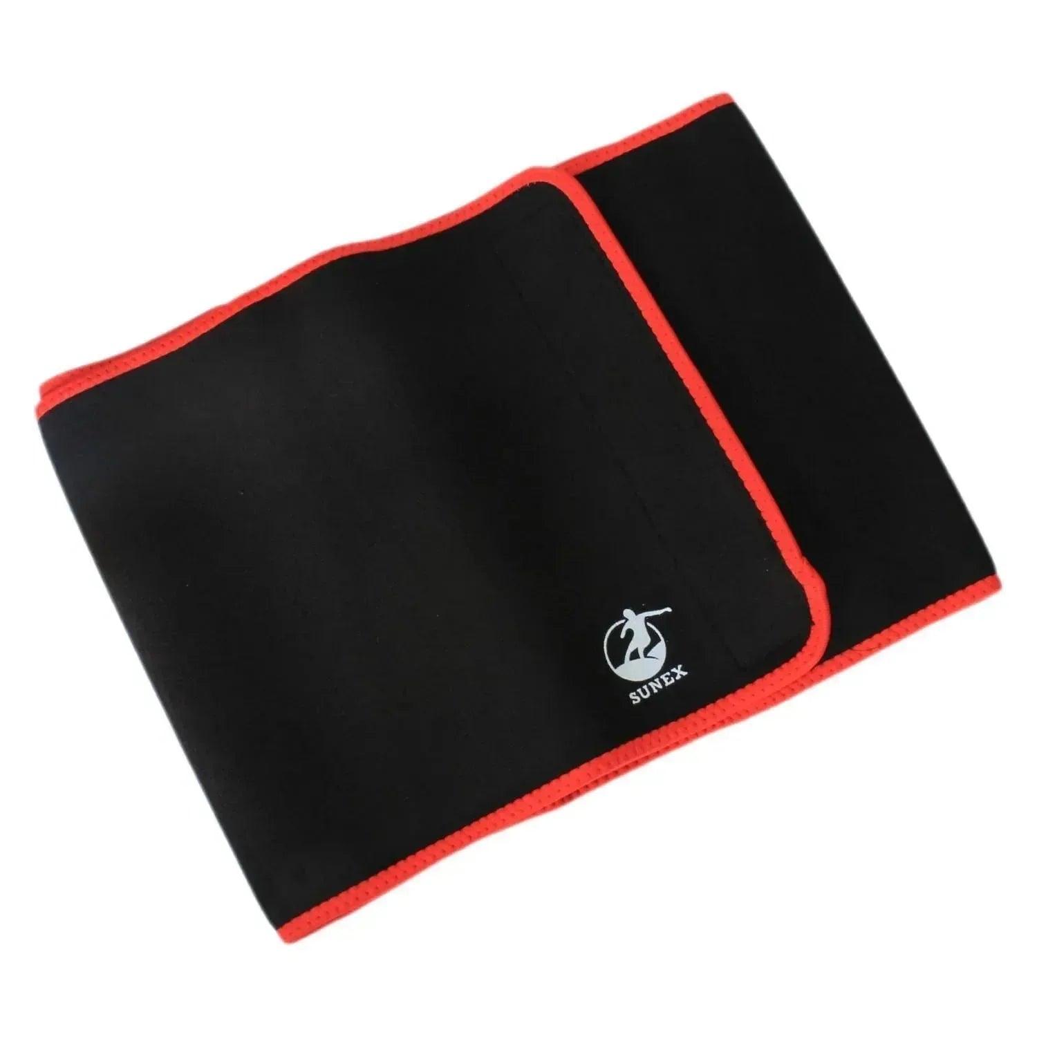 Black Sunex fitness waist trimmer belt with red trim