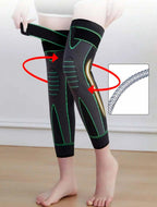 Black compression knee support sleeve with green accents and spring stabilizer for joint pain