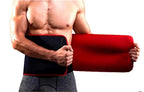 A man wearing a black and red adjustable lower back support belt for lumbar pain relief