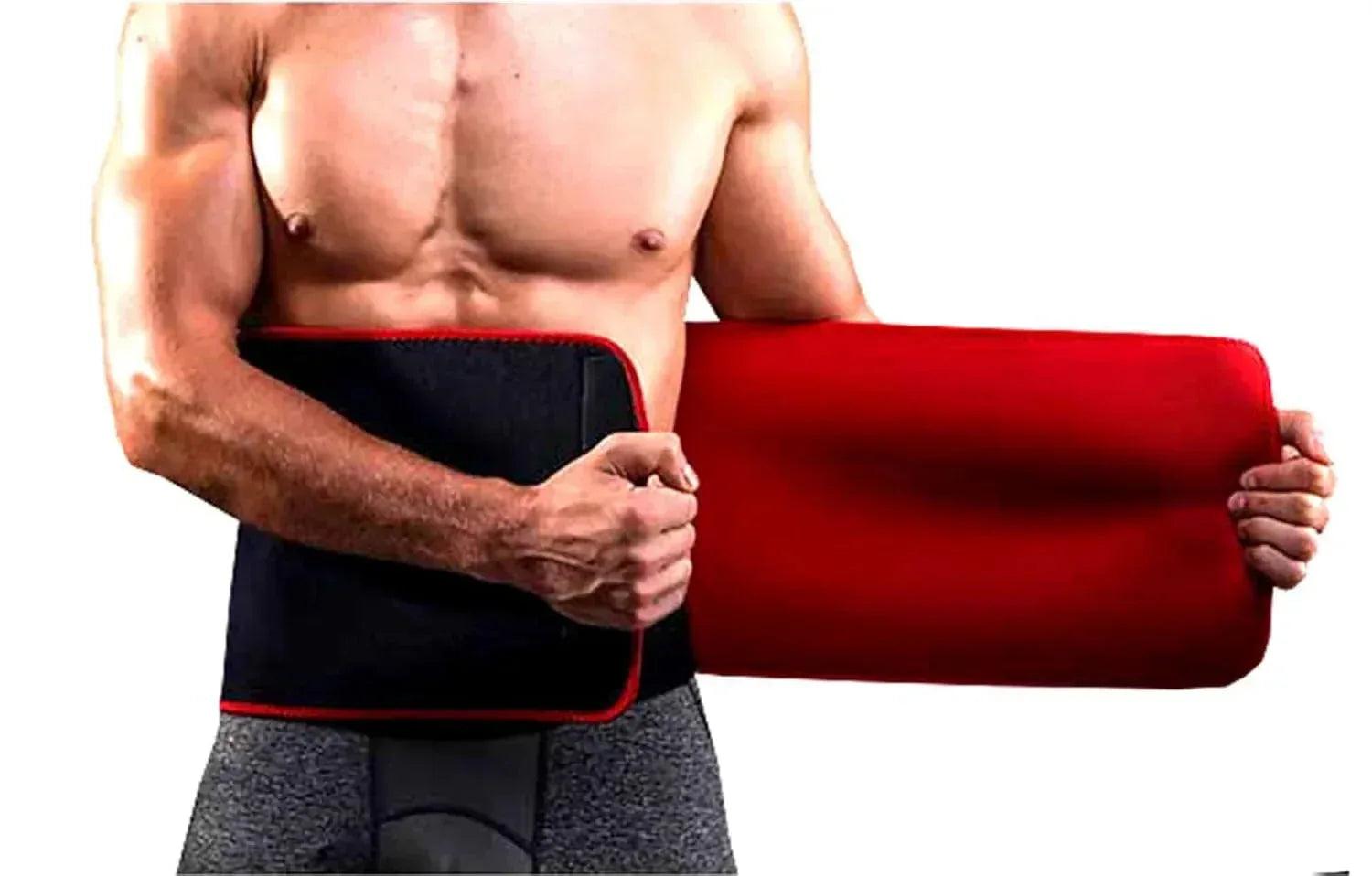 A man wearing a black and red adjustable lower back support belt for lumbar pain relief