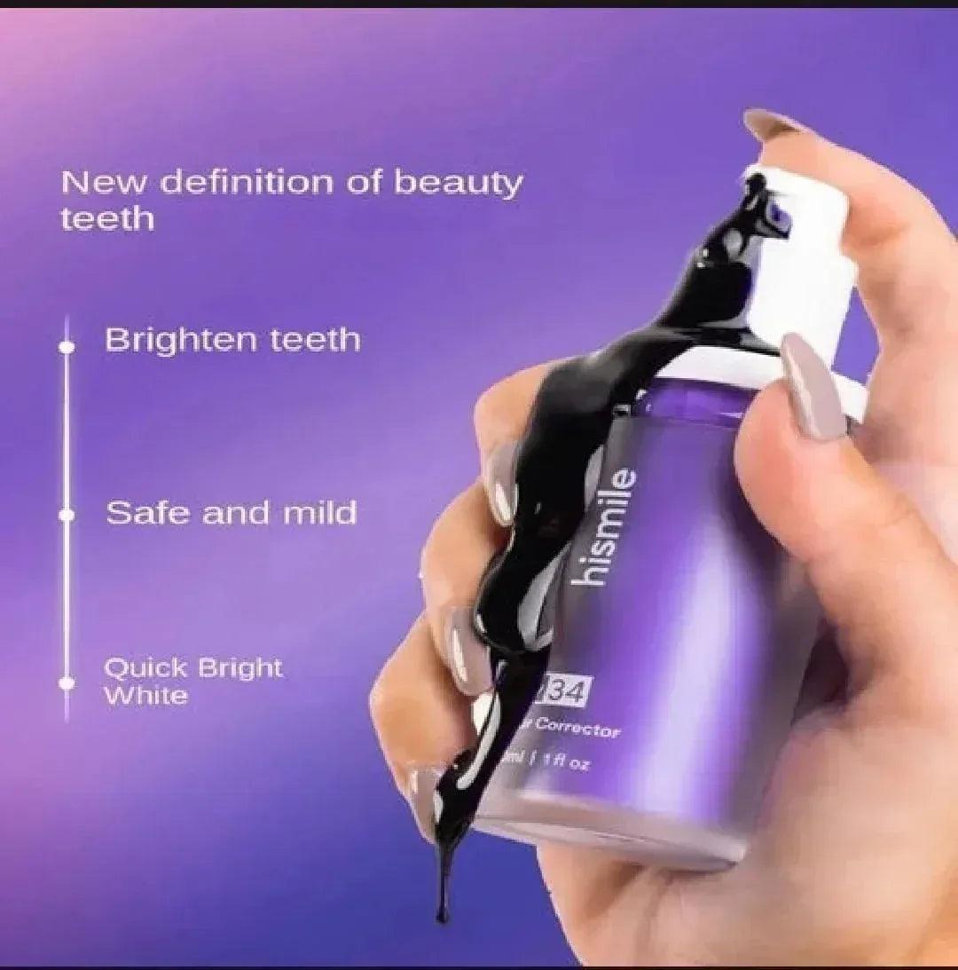 Hismile V34 Color Corrector teeth whitening serum in a purple bottle with purple background
