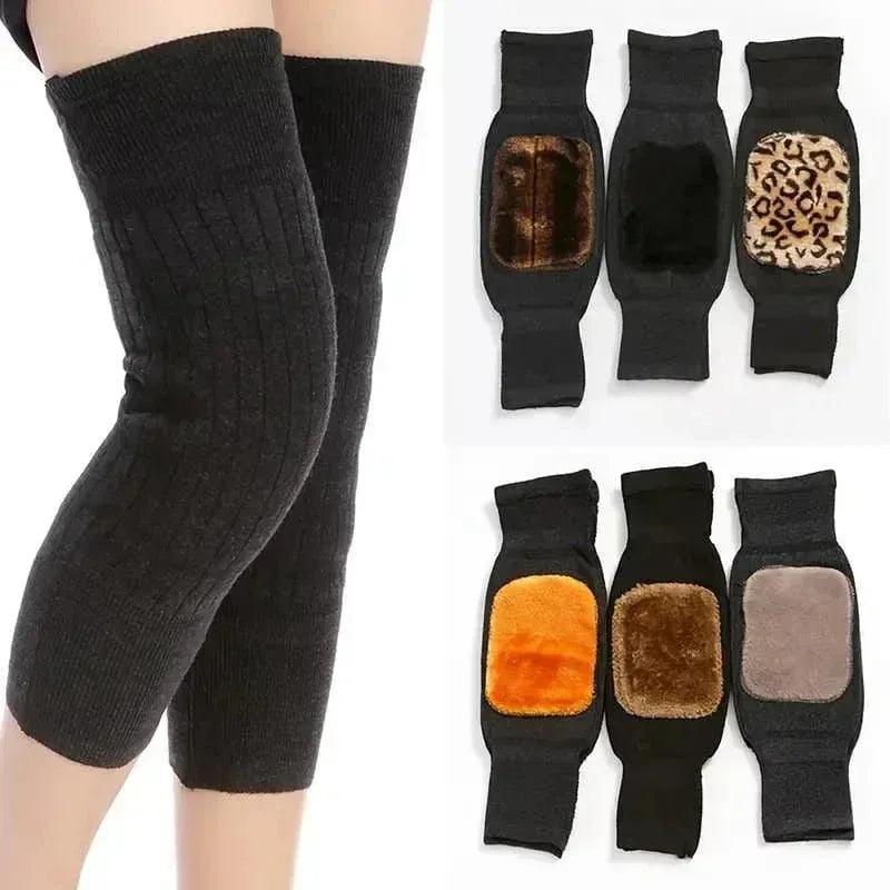 Black ribbed knee warmer sleeves with various fleece lining options for joint support.