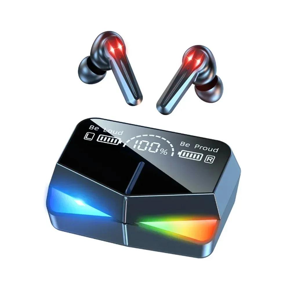 Wireless gaming earbuds with charging case featuring digital battery display and RGB lighting