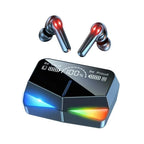 Wireless gaming earbuds with charging case featuring digital battery display and RGB lighting