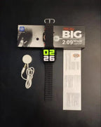 T900 Ultra smartwatch with black strap, charger, and packaging box