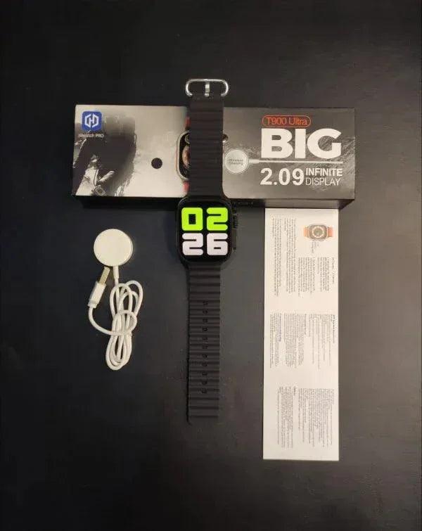 T900 Ultra smartwatch with black strap, charger, and packaging box