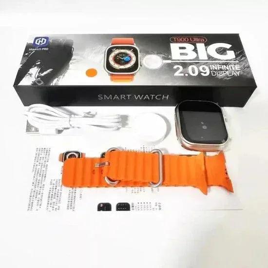 T900 Ultra Smart Watch with orange strap and packaging box