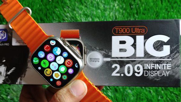 T900 Ultra smartwatch with orange strap and 2.09-inch infinite display packaging